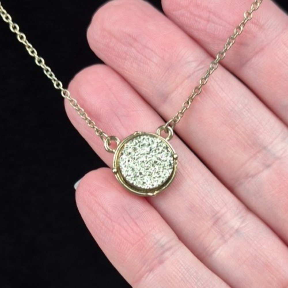 Gold Tone Chain Necklace 16-19" w/ Round Sparkly Stone Pendant .75" D Layering